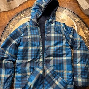 Boys Columbia Blue Plaid Hooded Jacket reversible size Large 14/16